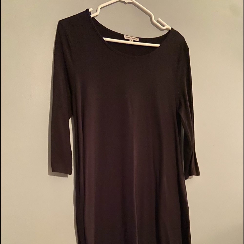 3/4 Sleeve black cotton dress, knee length and side pockets